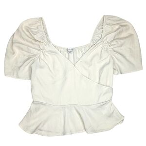 American Eagle XS White Peplum Top Blouse Crop Short Puff Sleeves Surplise Neck